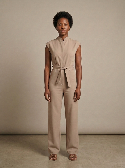 Jumpsuit, Tailored Cap Sleeve Wide Leg Belted worn by a model, front view