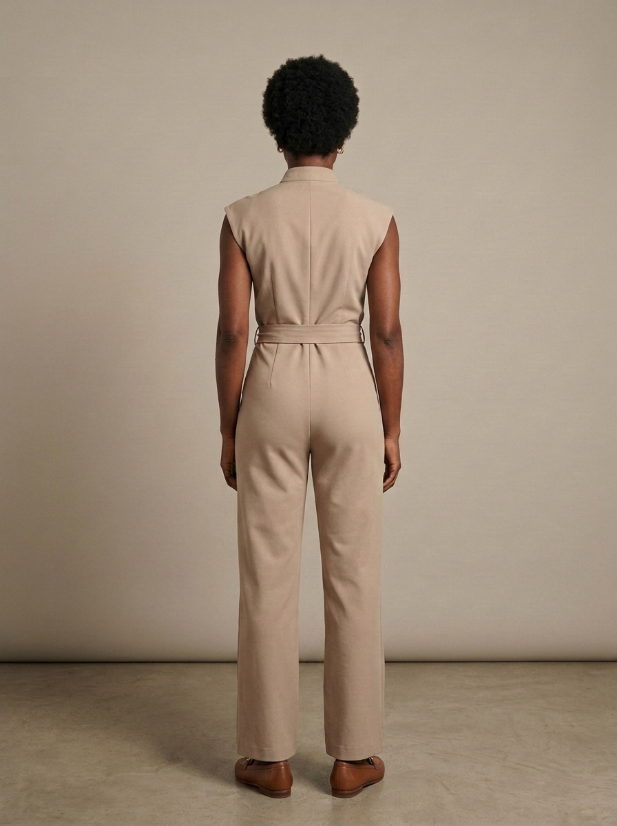Jumpsuit, Tailored Cap Sleeve Wide Leg Belted worn by a model, back view