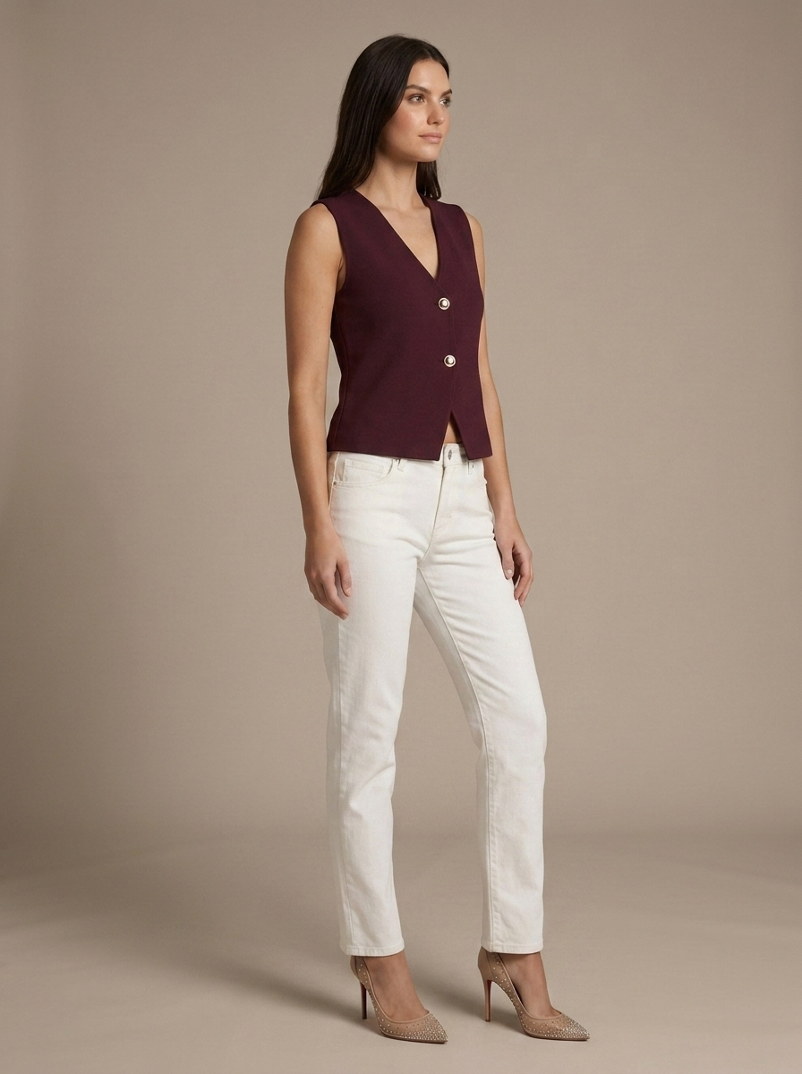 Knit V-Neck Sleeveless Buttoned Vest worn by a model, three-quarter angle