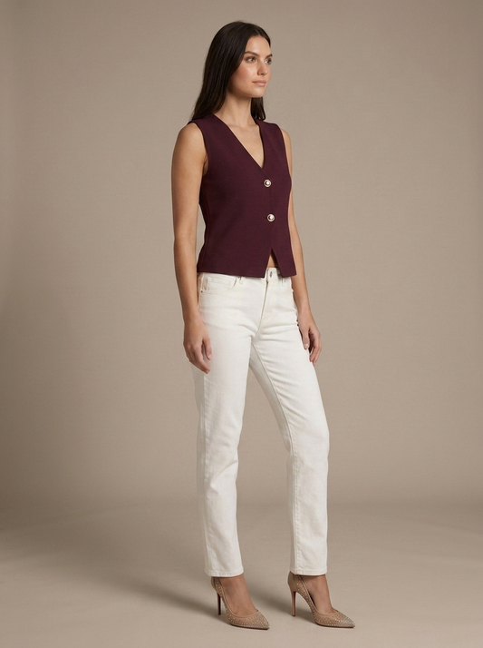 Knit V-Neck Sleeveless Buttoned Vest worn by a model, three-quarter angle