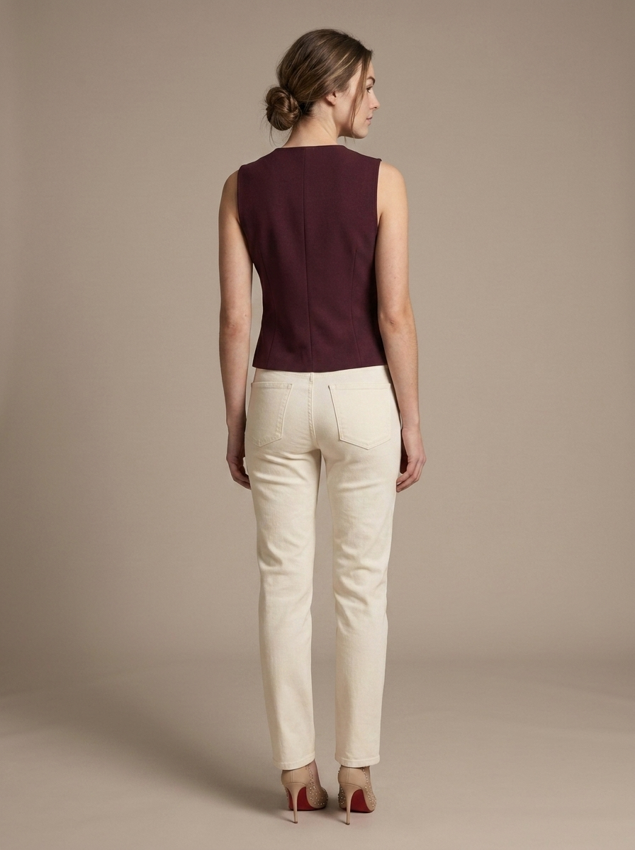 Knit V-Neck Sleeveless Buttoned Vest worn by a model, back view