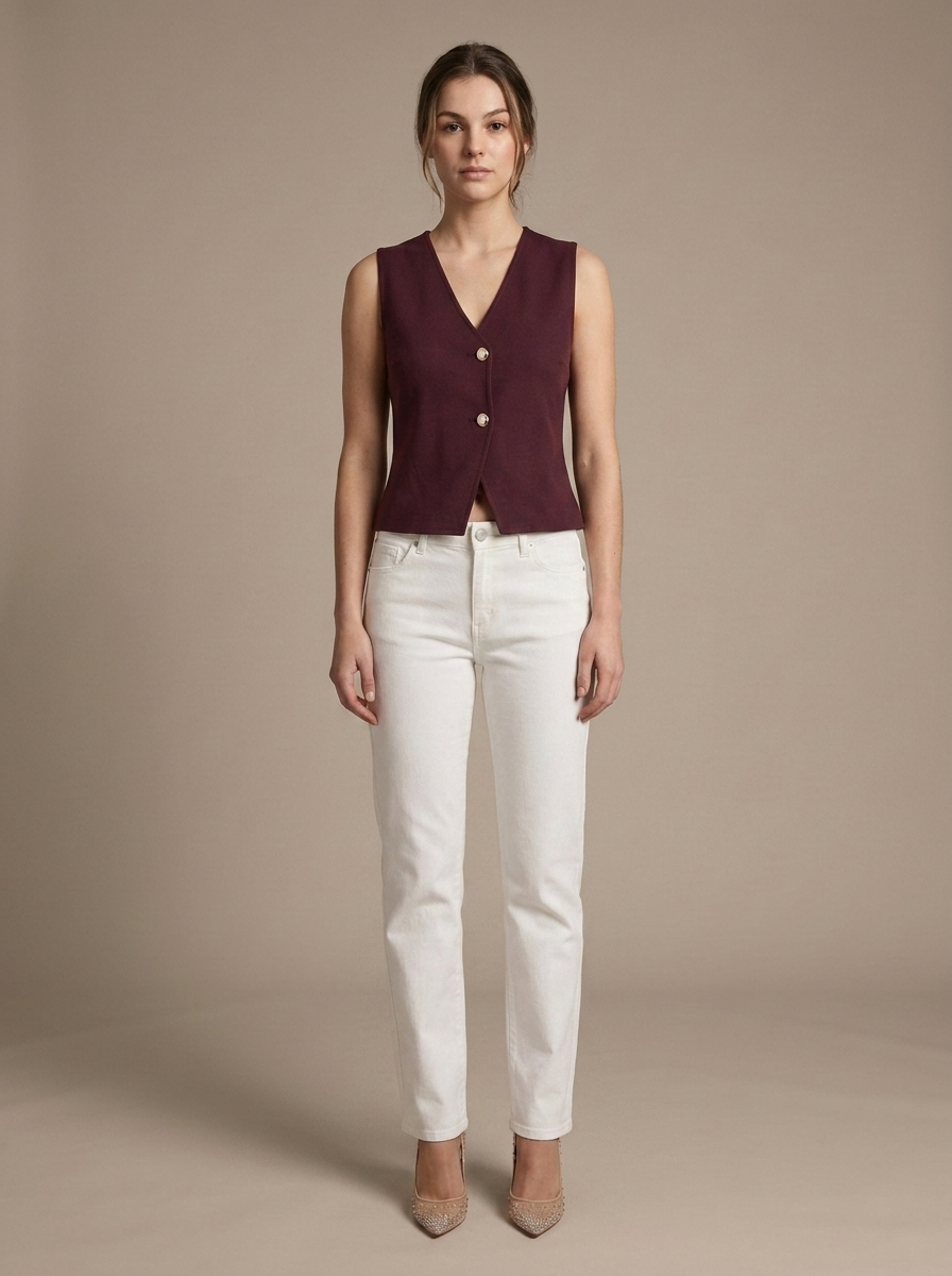 Knit V-Neck Sleeveless Buttoned Vest worn by a model, front view