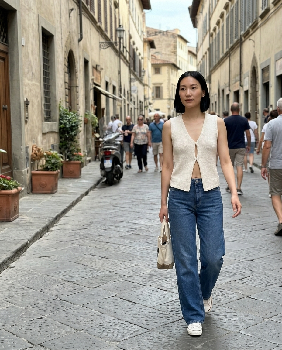 Knitted V-Neck Button Front Vest worn in an everyday street setting