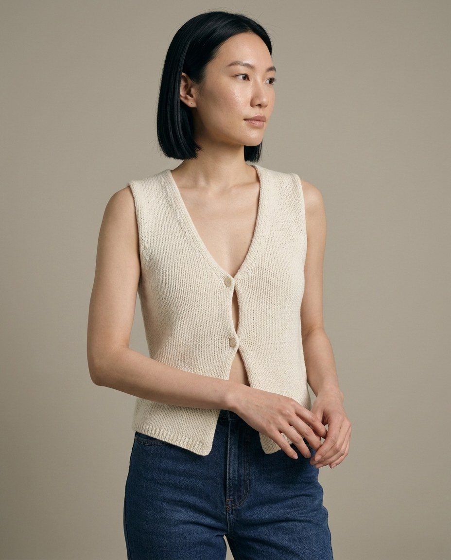 Knitted V-Neck Button Front Vest worn by a model, close waist-up view
