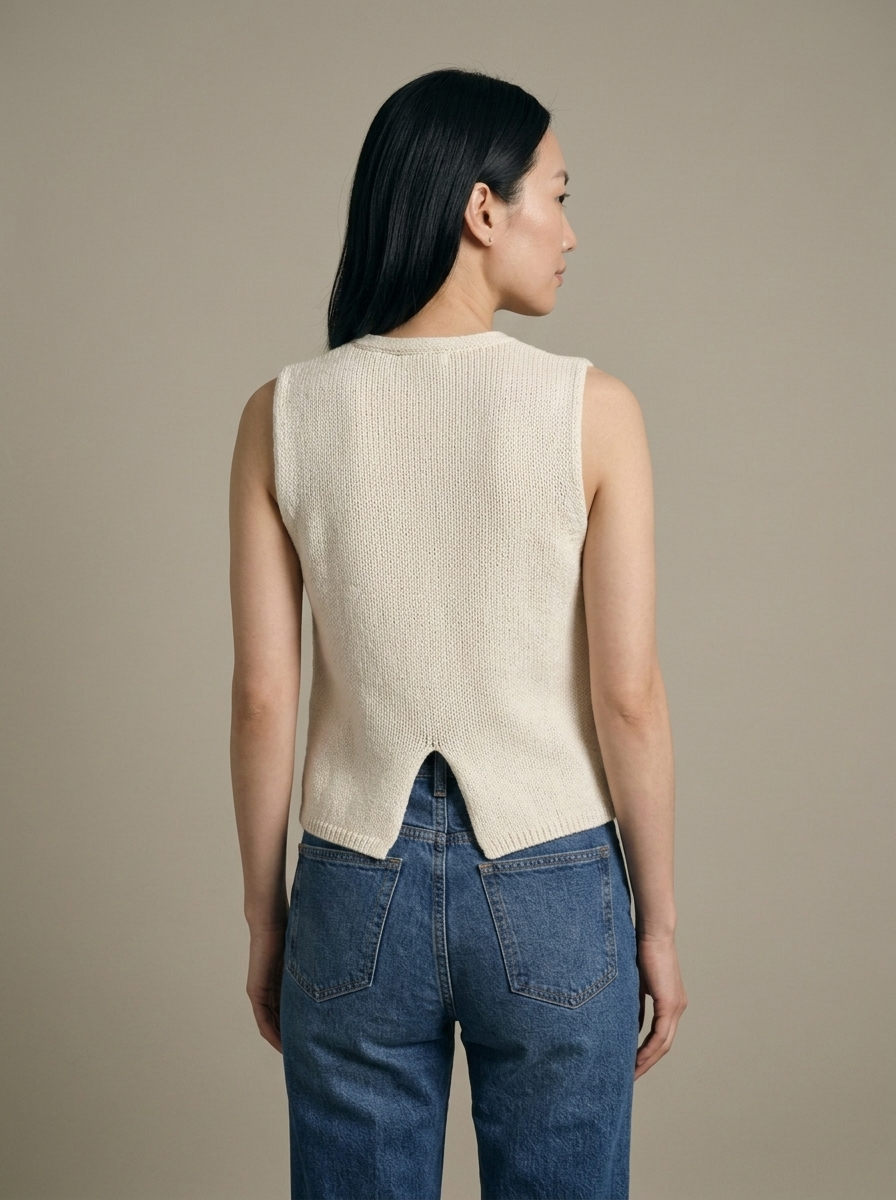 Knitted V-Neck Button Front Vest worn by a model, back view