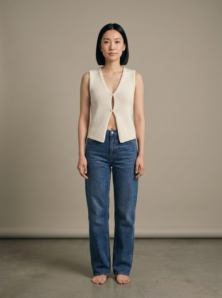 Knitted V-Neck Button Front Vest worn by a model, front view