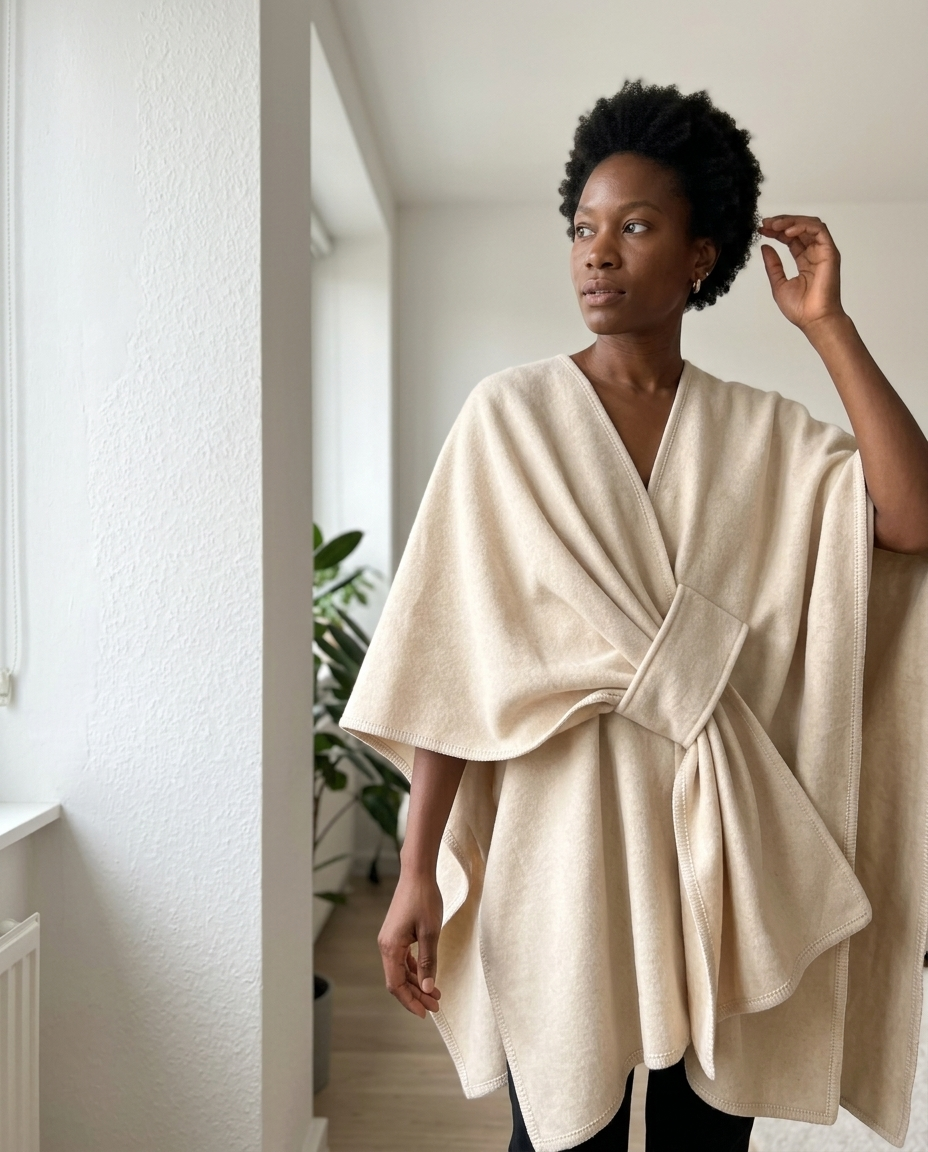 Knot-Front Draped Wool Blend Poncho styled in a daylight interior setting