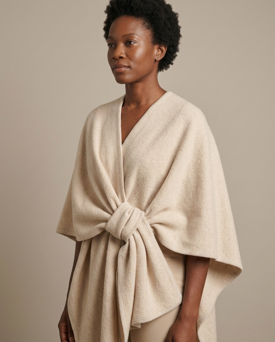 Knot-Front Draped Wool Blend Poncho worn by a model, close waist-up view