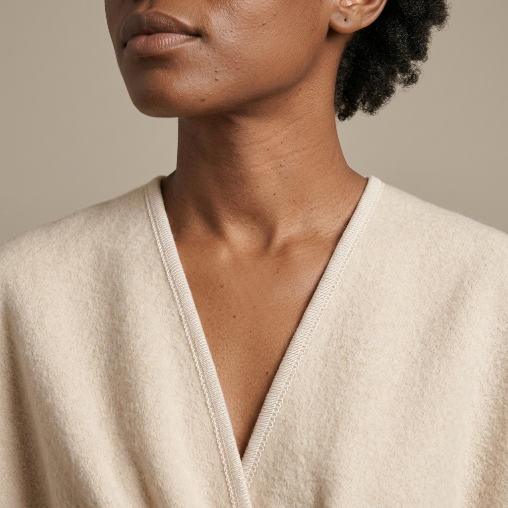 Knot-Front Draped Wool Blend Poncho worn, close-up