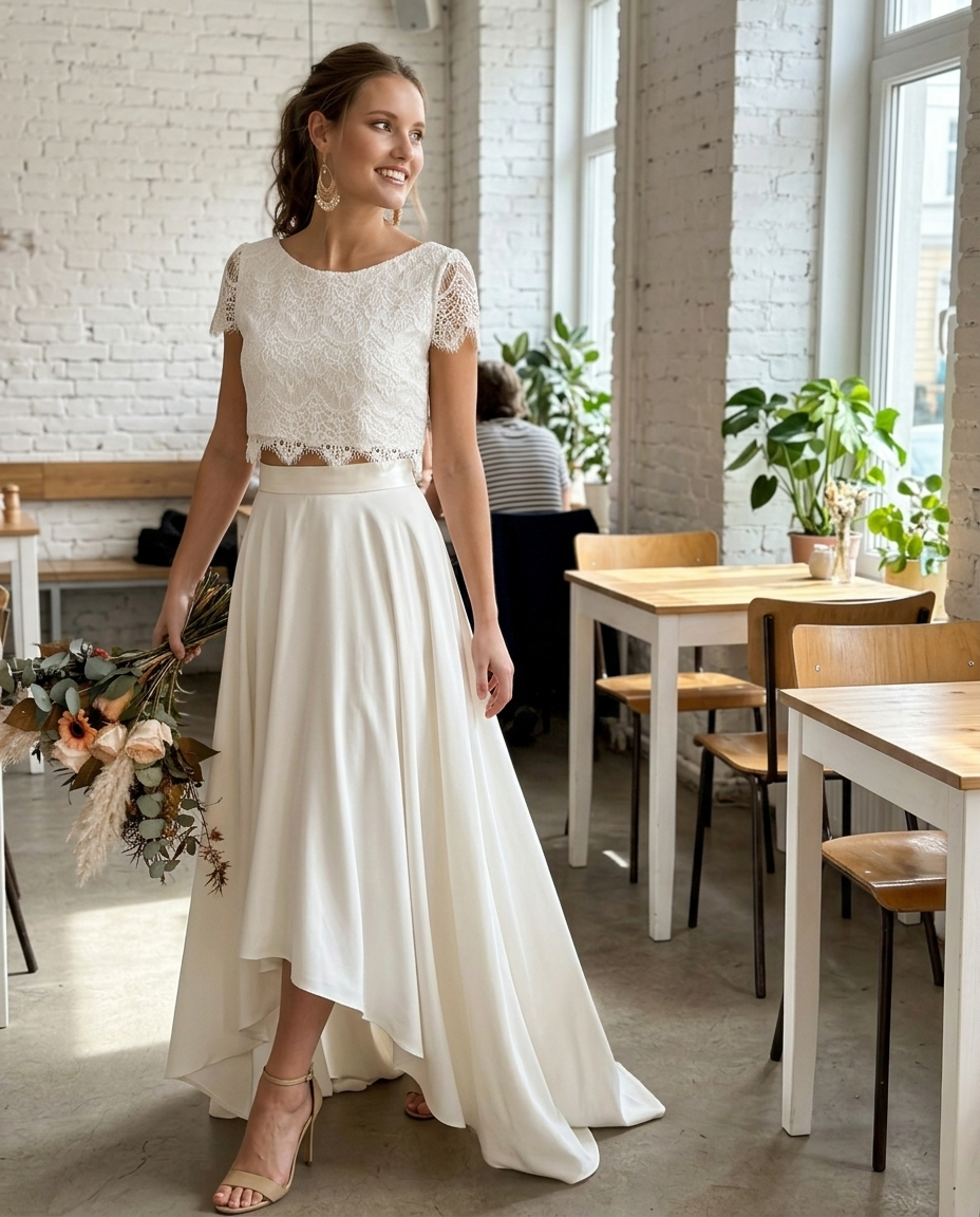 Lace Crop Top and High-Low Skirt Set styled in a daylight interior setting