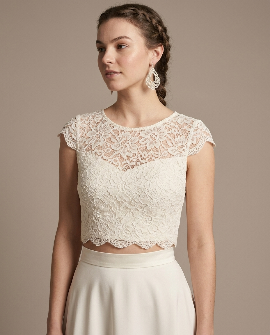 Lace Crop Top and High-Low Skirt Set worn by a model, close waist-up view