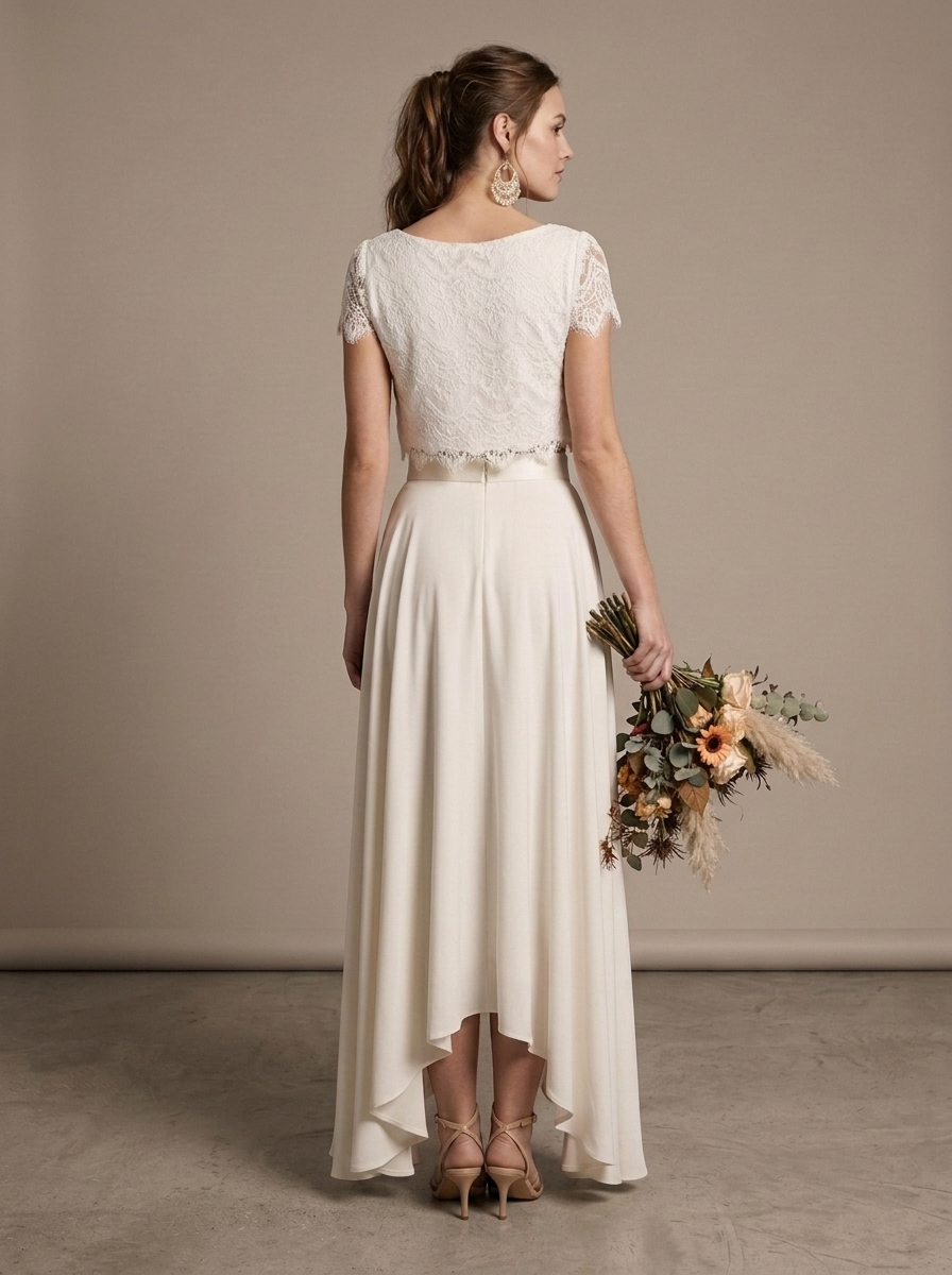 Lace Crop Top and High-Low Skirt Set worn by a model, back view
