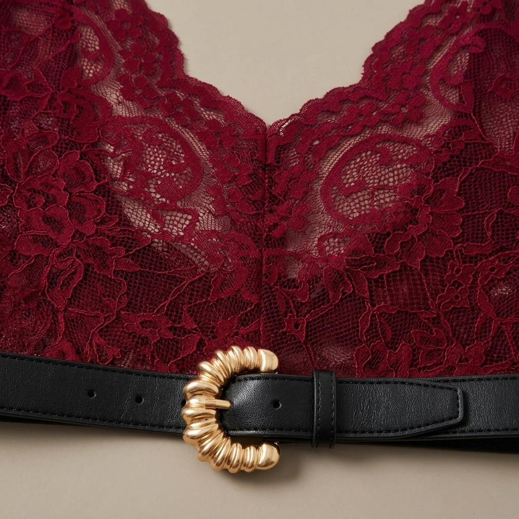 Close-up of Lace Long Sleeve V-Neck Top, Burgundy fabric and detailing