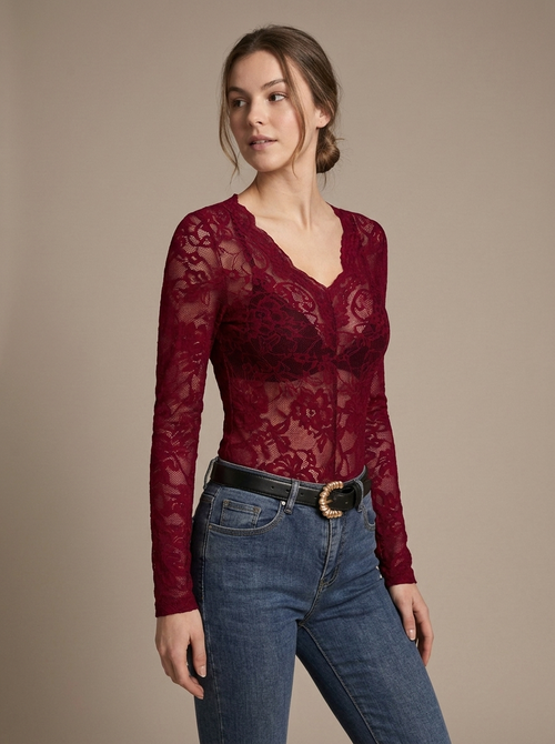 Lace Long Sleeve V-Neck Top, Burgundy worn by a model, three-quarter angle