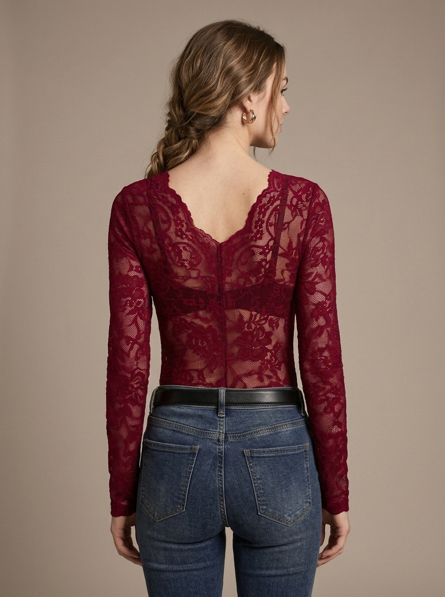 Lace Long Sleeve V-Neck Top, Burgundy worn by a model, back view