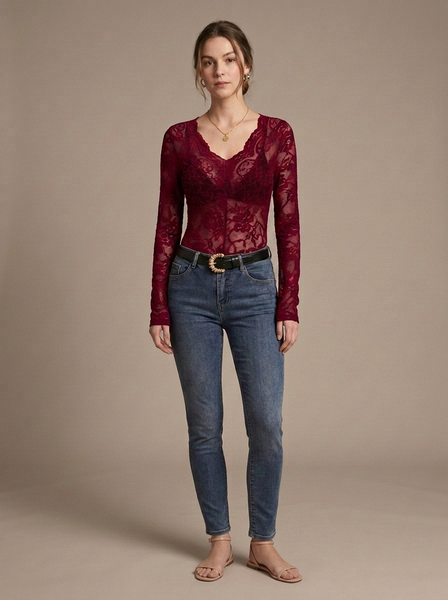 Lace Long Sleeve V-Neck Top, Burgundy worn by a model, front view