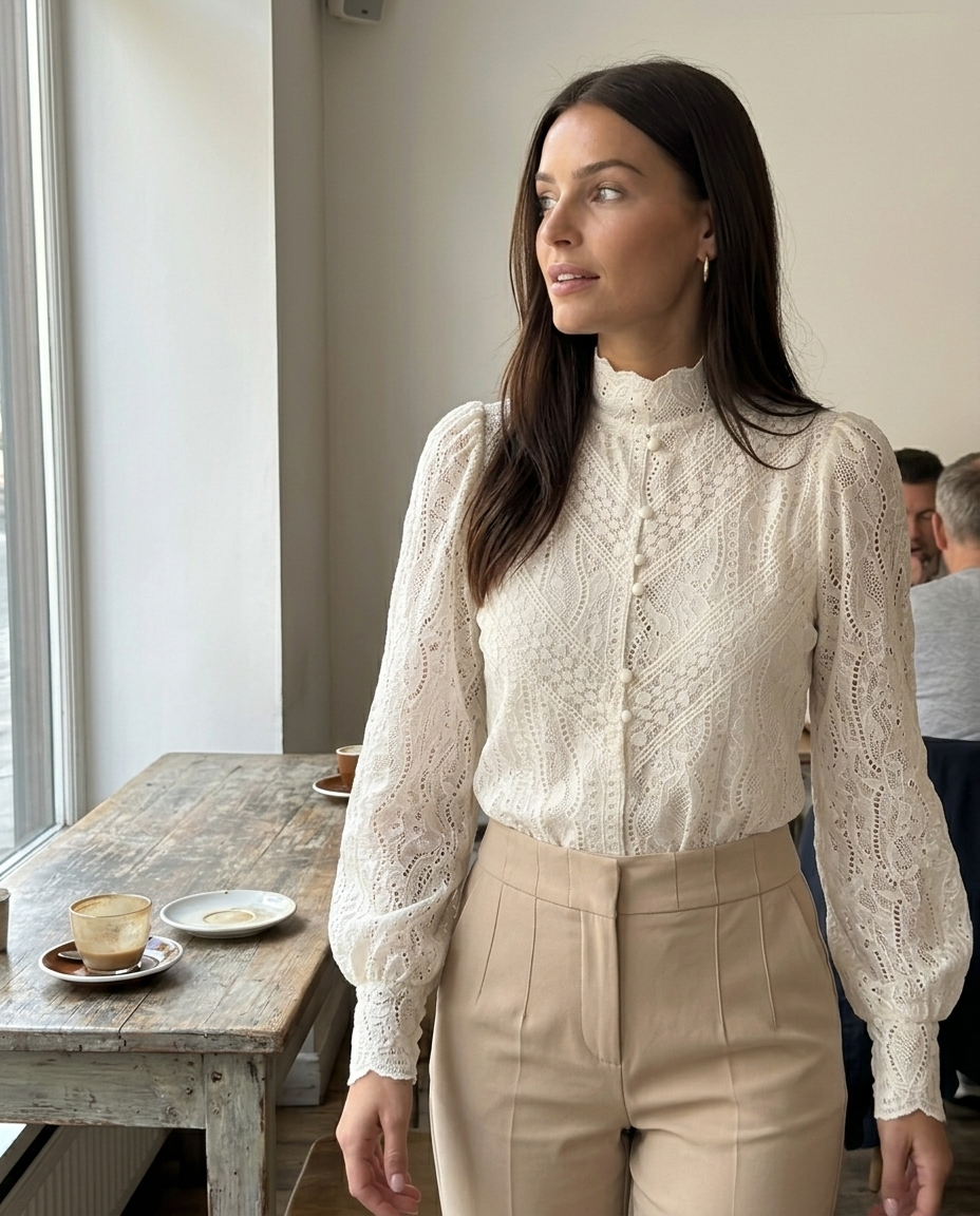 Lace Ruffled Puff Sleeve Blouse styled in a daylight interior setting