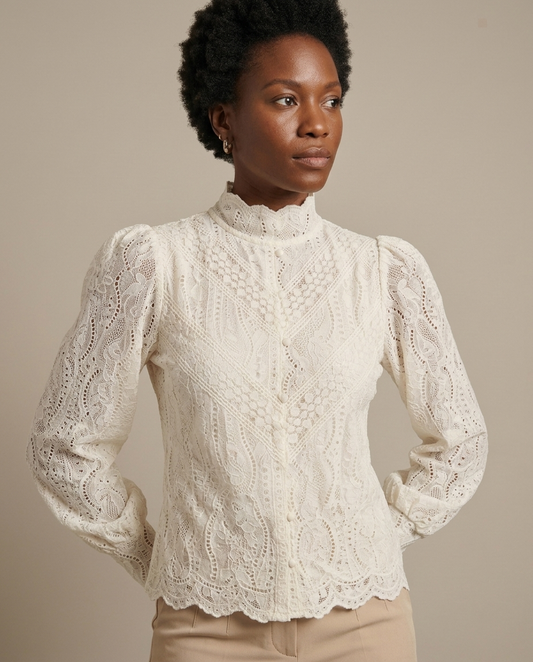 Lace Ruffled Puff Sleeve Blouse worn by a model, close waist-up view