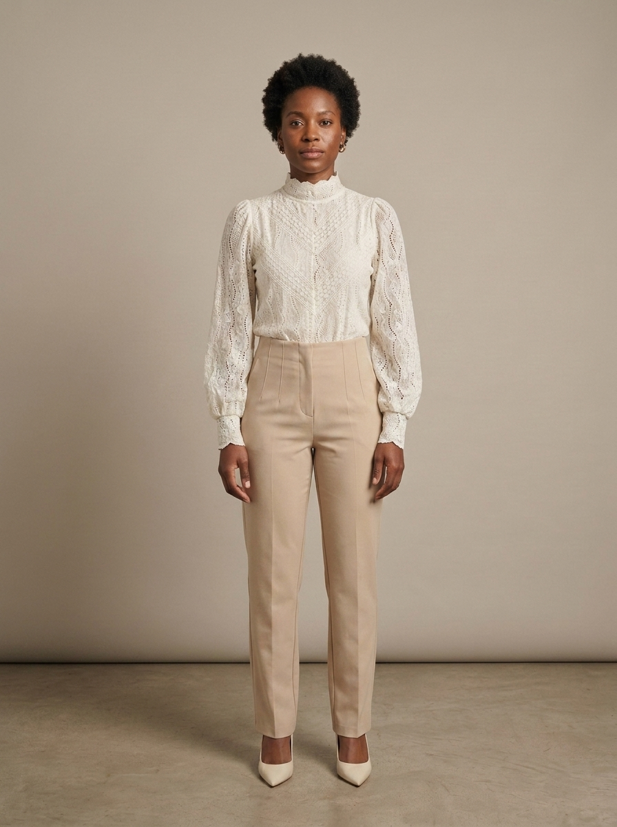 Lace Ruffled Puff Sleeve Blouse worn by a model, front view