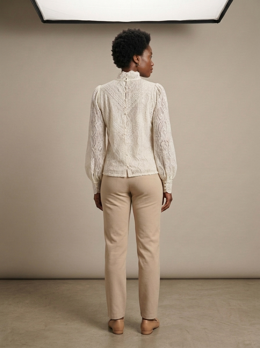 Lace Ruffled Puff Sleeve Blouse worn by a model, back view