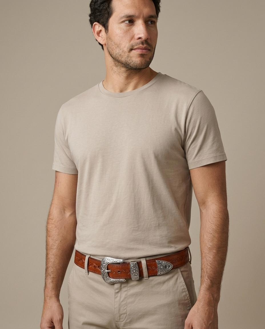 Leather Embossed Western Belt, Ornate Silver Buckle worn by a model, close waist-up view