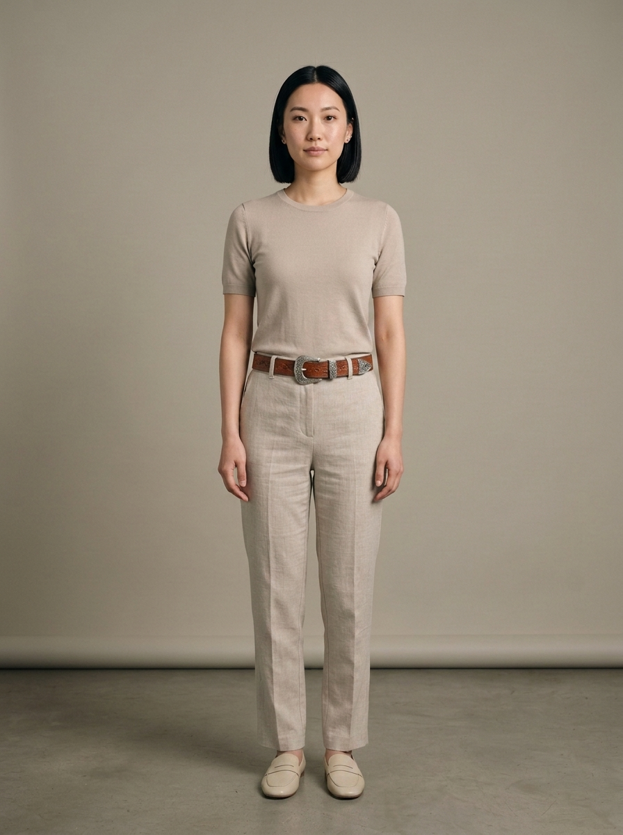 Embossed-Leather Western Belt with Silver Buckle worn by a model, front view