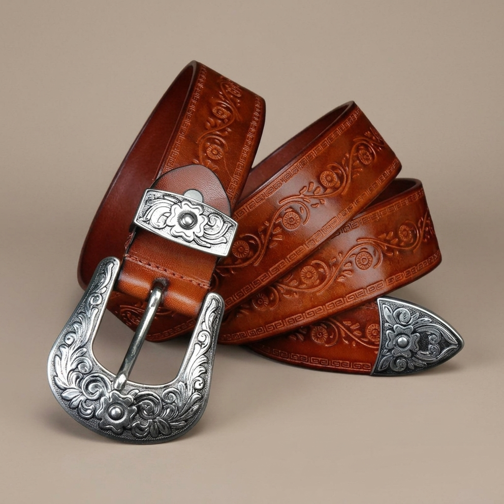 Close-up of Leather Embossed Western Belt, Ornate Silver Buckle