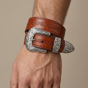 Embossed-Leather Western Belt with Silver Buckle