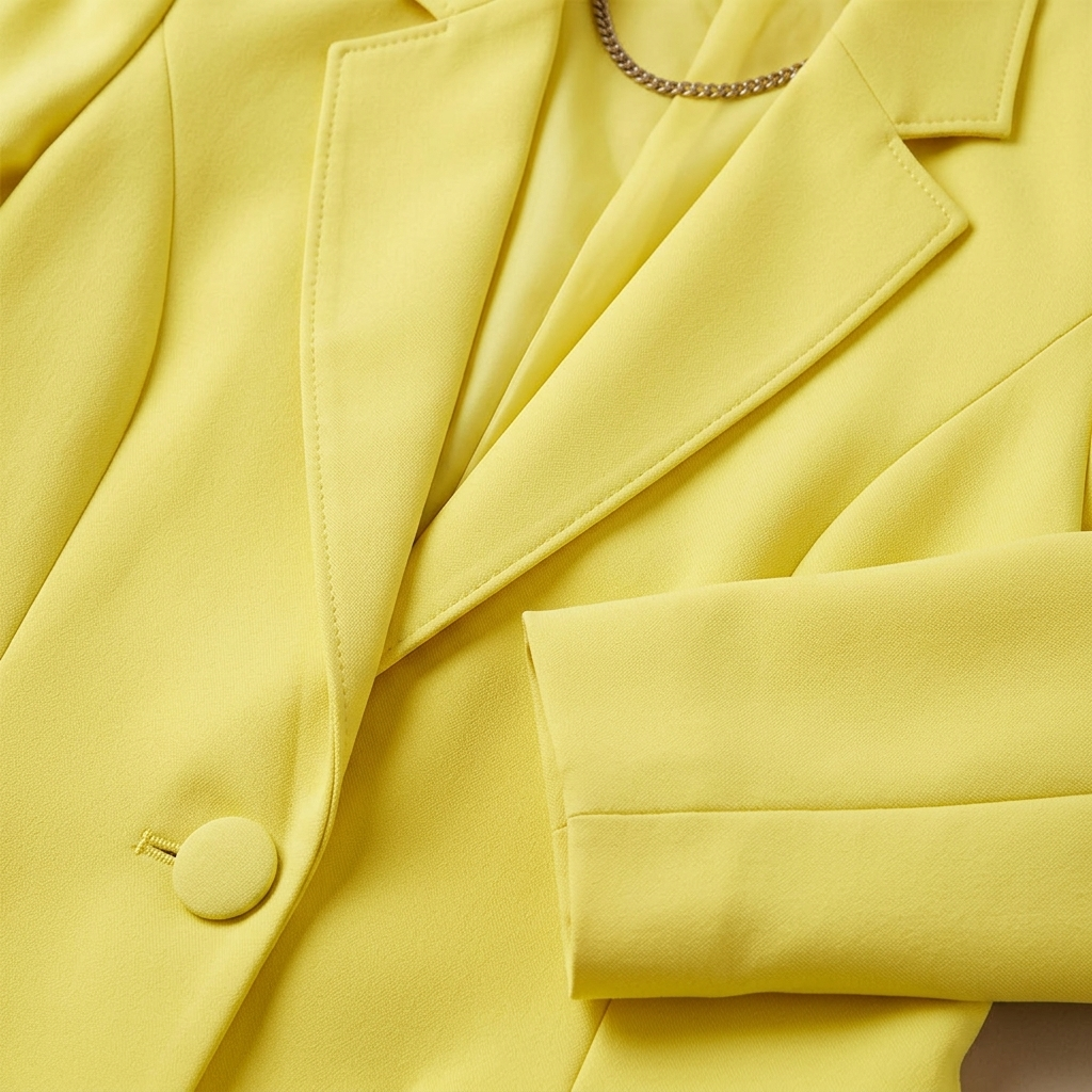 Close-up of Lemon Yellow Tailored Two-Piece Suit fabric and detailing