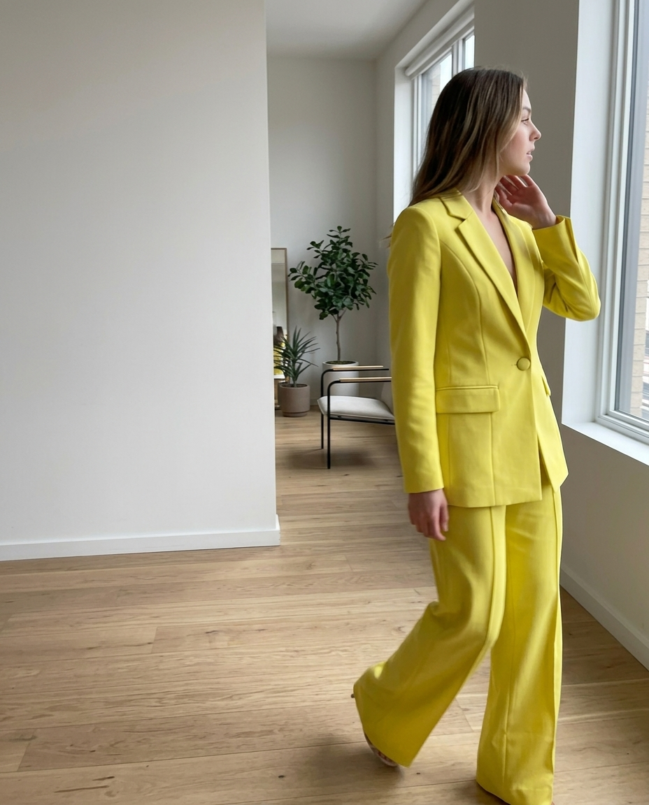 Lemon Yellow Tailored Two-Piece Suit styled in a daylight interior setting