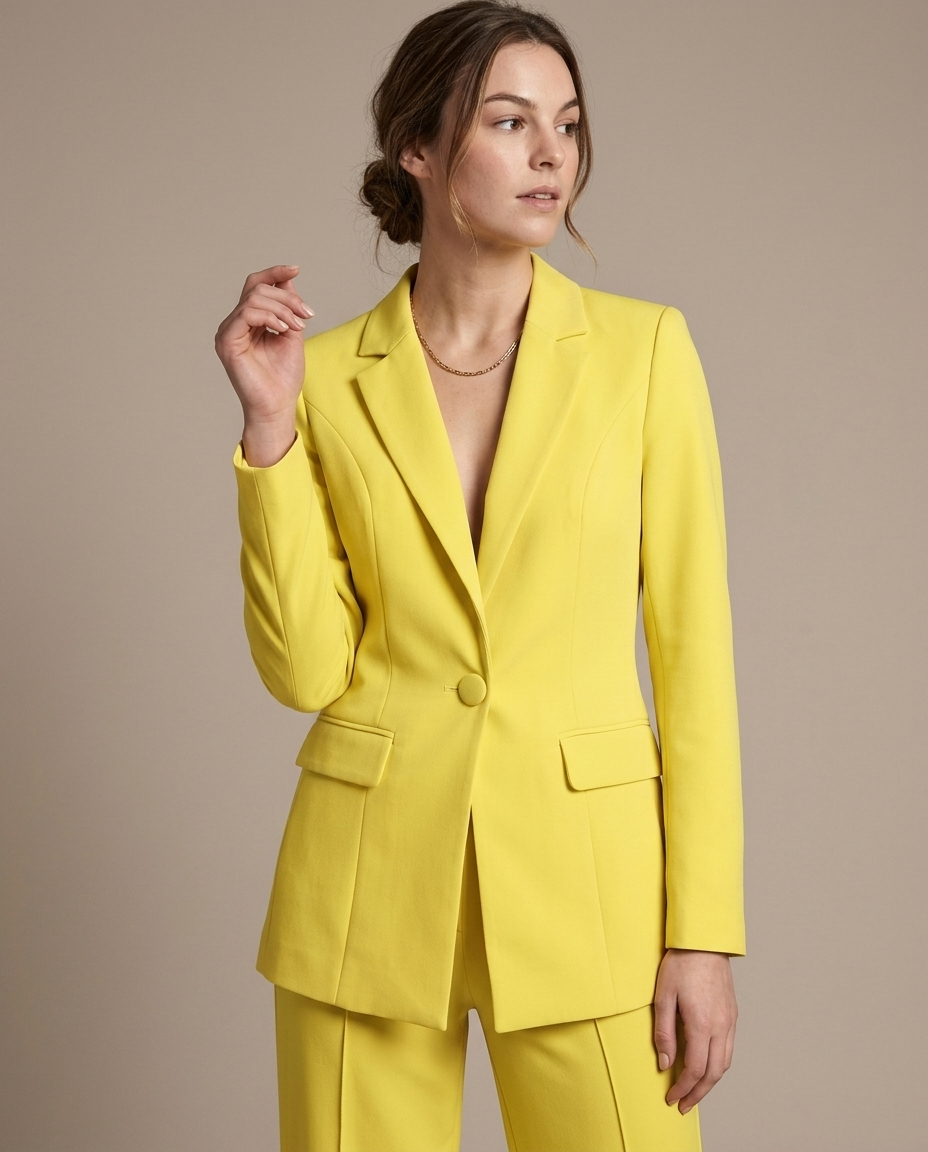 Lemon Yellow Tailored Two-Piece Suit worn by a model, close waist-up view