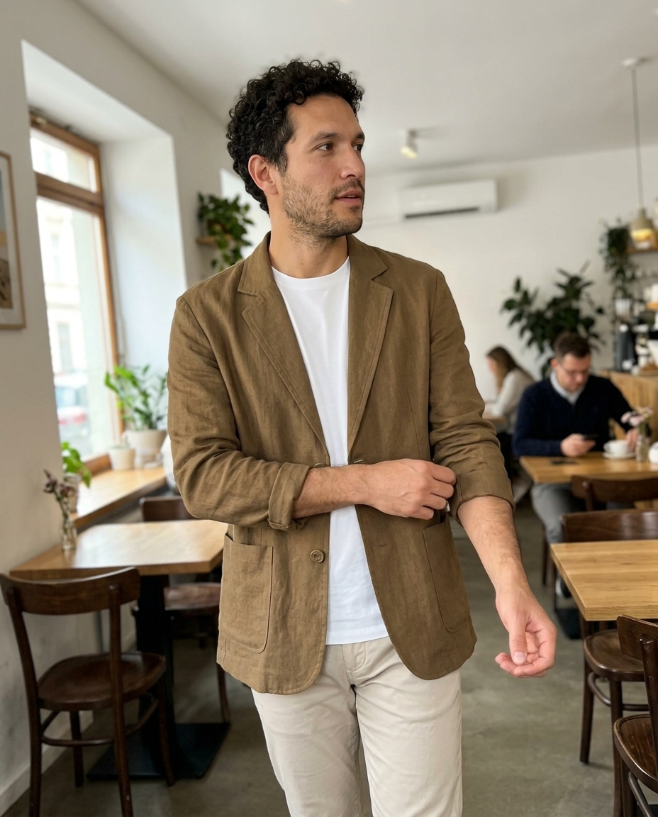 Linen Blazer, Relaxed Fit Notch Lapel styled in a daylight interior setting