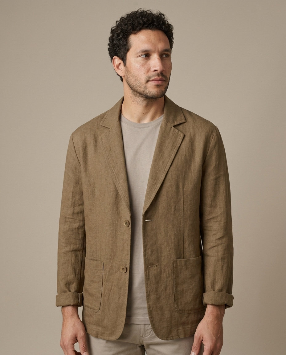 Linen Blazer, Relaxed Fit Notch Lapel worn by a model, close waist-up view
