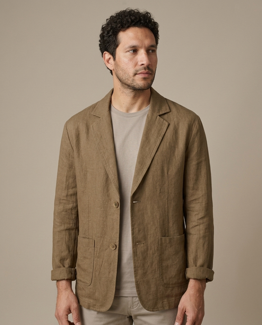 Linen Blazer, Relaxed Fit Notch Lapel worn by a model, close waist-up view