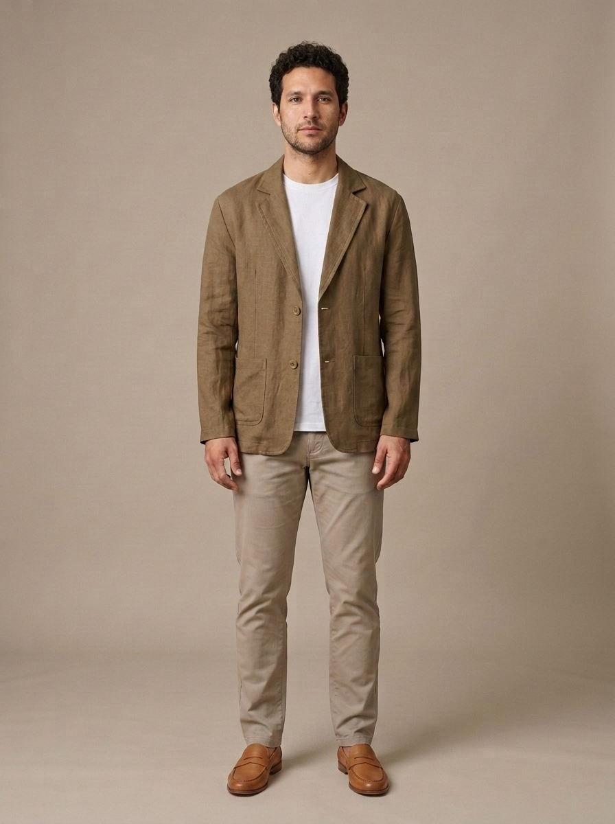 Linen Blazer, Relaxed Fit Notch Lapel worn by a model, front view