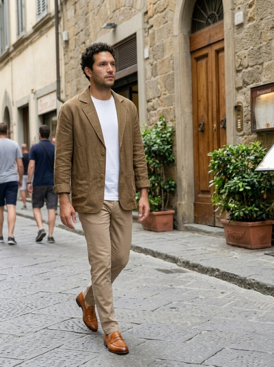 Linen Blazer, Relaxed Fit Notch Lapel worn in an everyday street setting