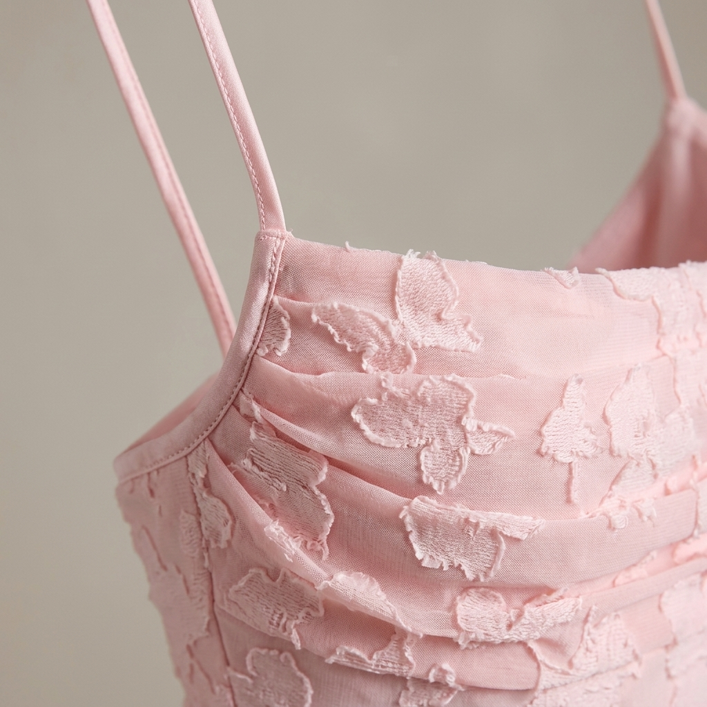 Close-up of Maxi Dress Strappy Ruched Floral Texture fabric and detailing