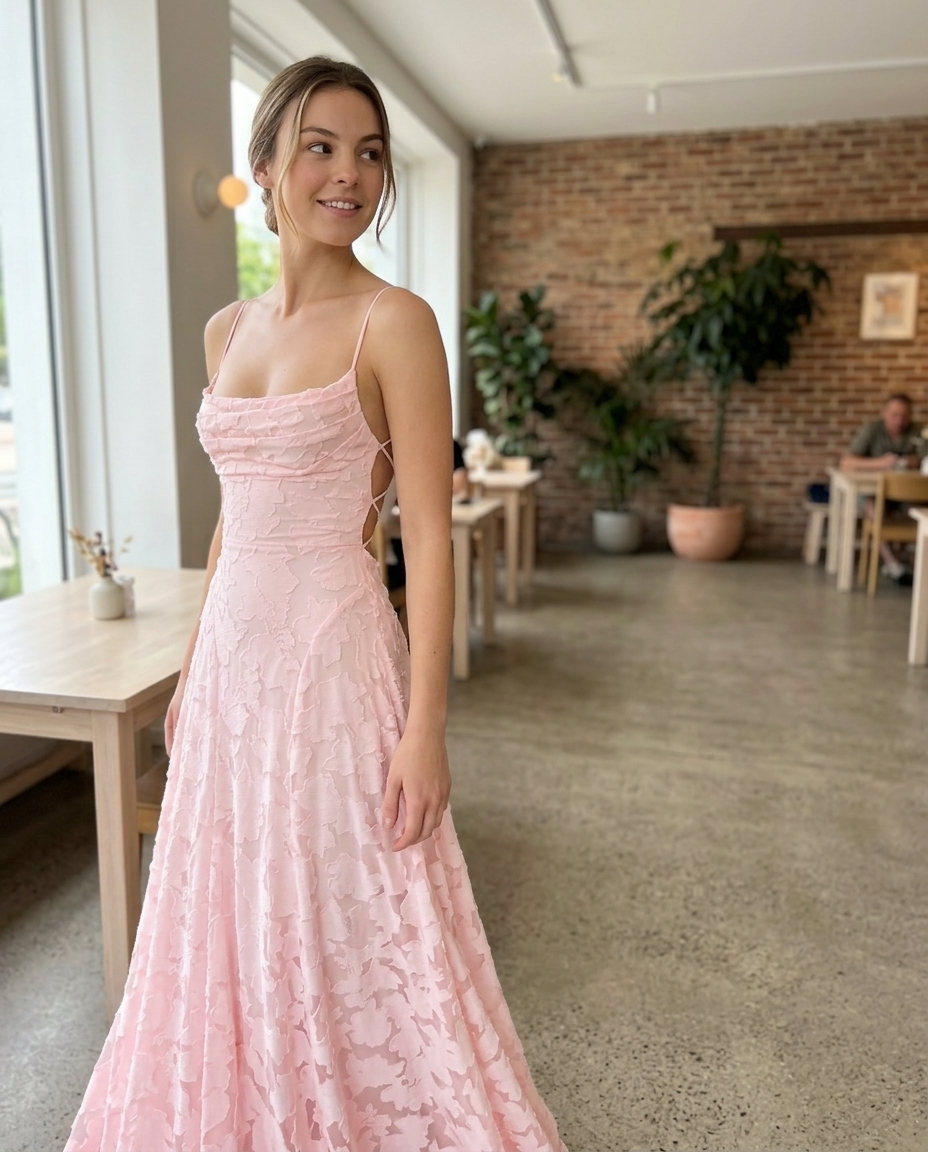 Maxi Dress Strappy Ruched Floral Texture styled in a daylight interior setting