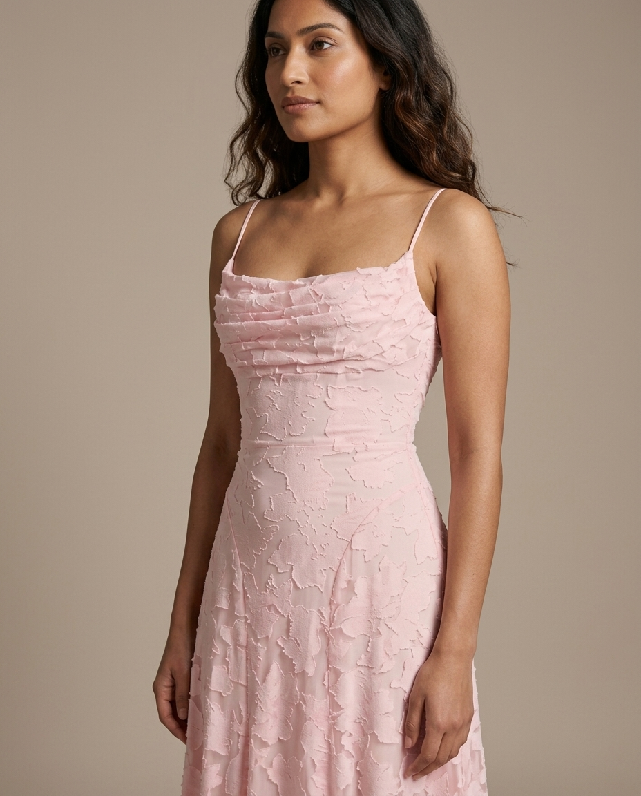 Maxi Dress Strappy Ruched Floral Texture worn by a model, close waist-up view