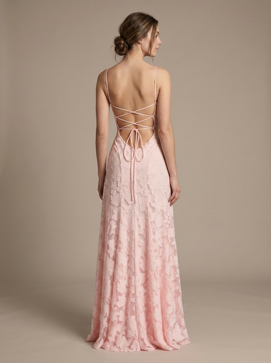 Maxi Dress Strappy Ruched Floral Texture worn by a model, back view