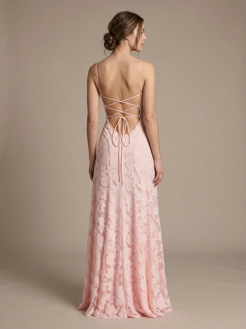 Maxi Dress Strappy Ruched Floral Texture worn by a model, back view