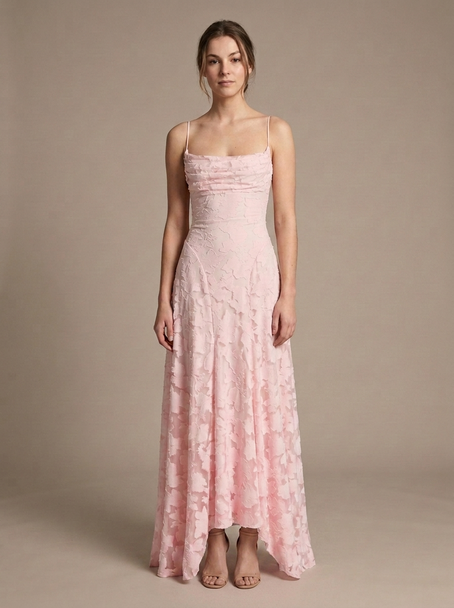 Maxi Dress Strappy Ruched Floral Texture worn by a model, front view