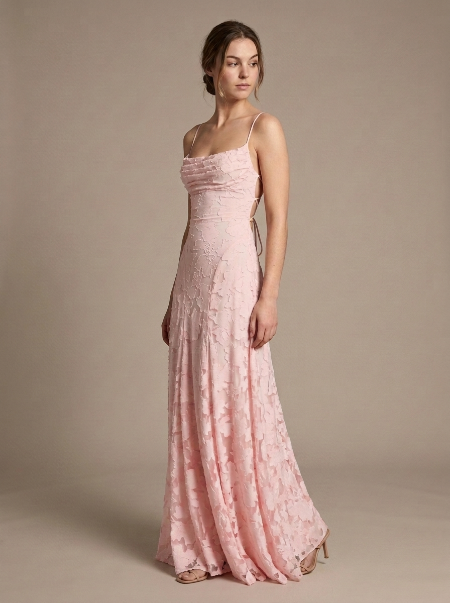 Maxi Dress Strappy Ruched Floral Texture worn by a model, three-quarter angle