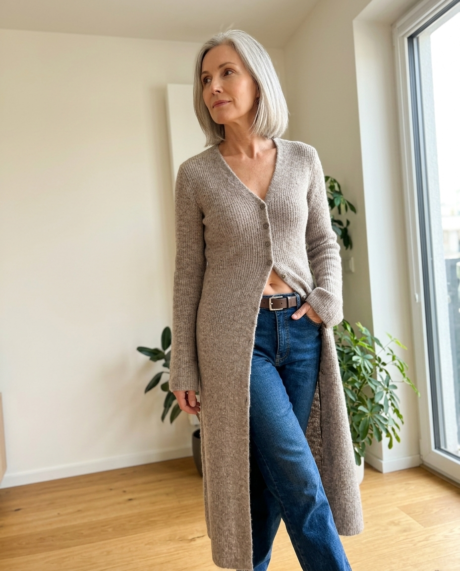 Maxi Ribbed Knit Button-Front Cardigan styled in a daylight interior setting