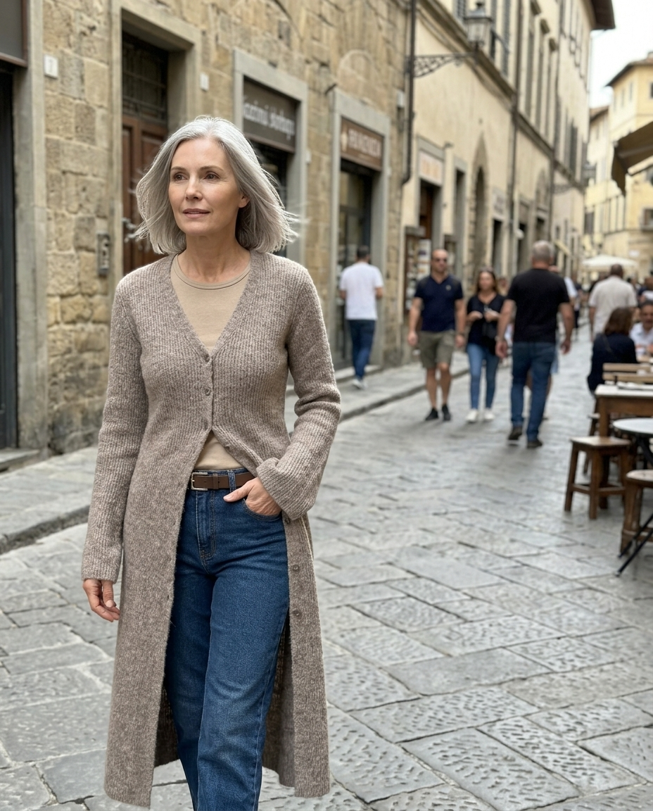 Maxi Ribbed Knit Button-Front Cardigan worn in an everyday street setting