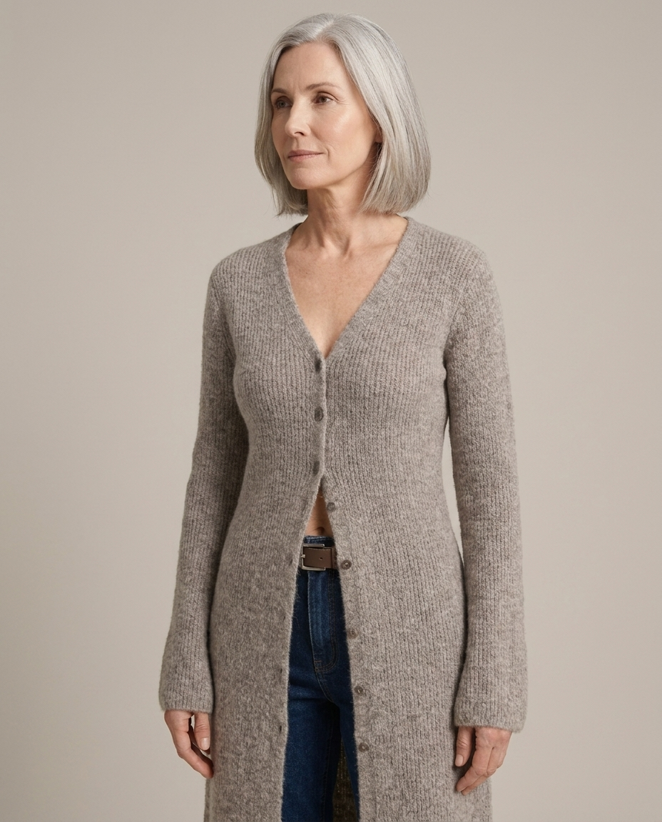 Maxi Ribbed Knit Button-Front Cardigan worn by a model, close waist-up view