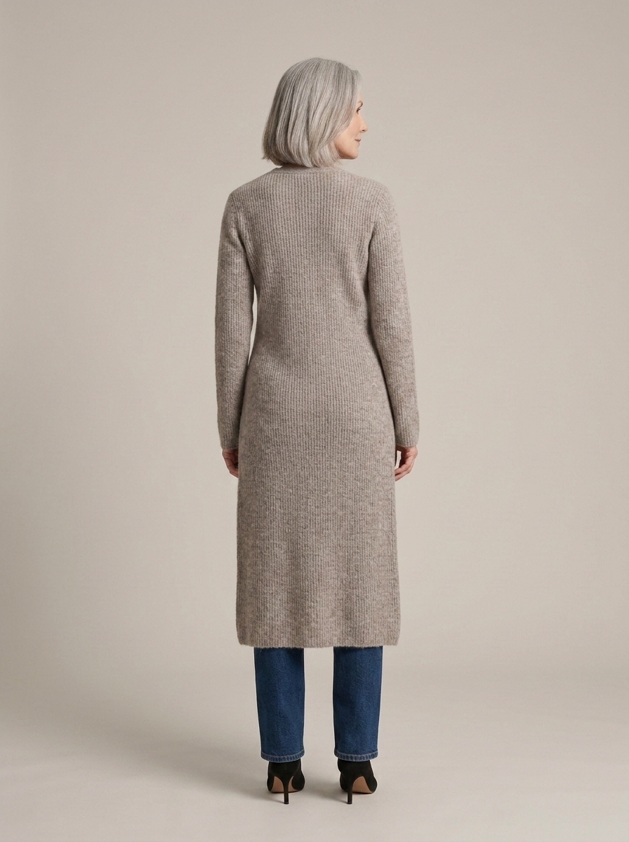Maxi Ribbed Knit Button-Front Cardigan worn by a model, back view