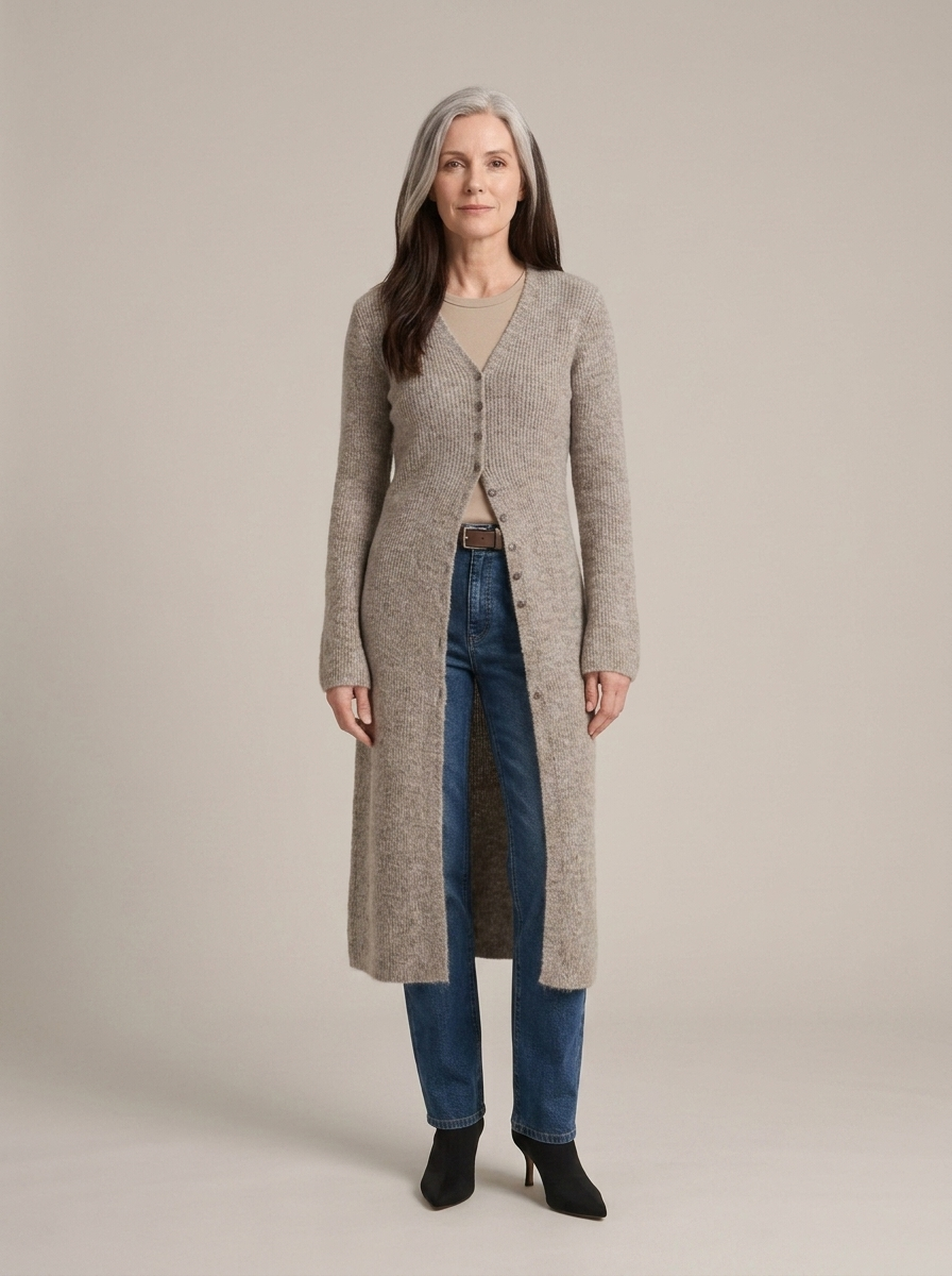 Maxi Ribbed Knit Button-Front Cardigan worn by a model, front view