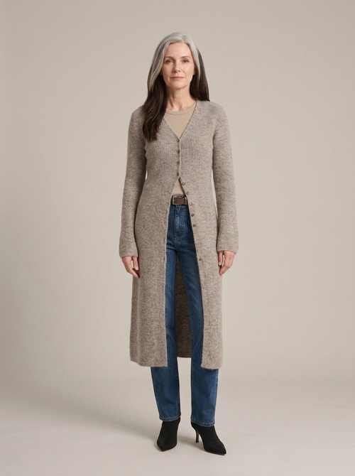 Maxi Ribbed Knit Button-Front Cardigan worn by a model, front view