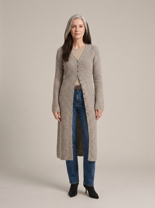 Maxi Ribbed Knit Button-Front Cardigan worn by a model, front view